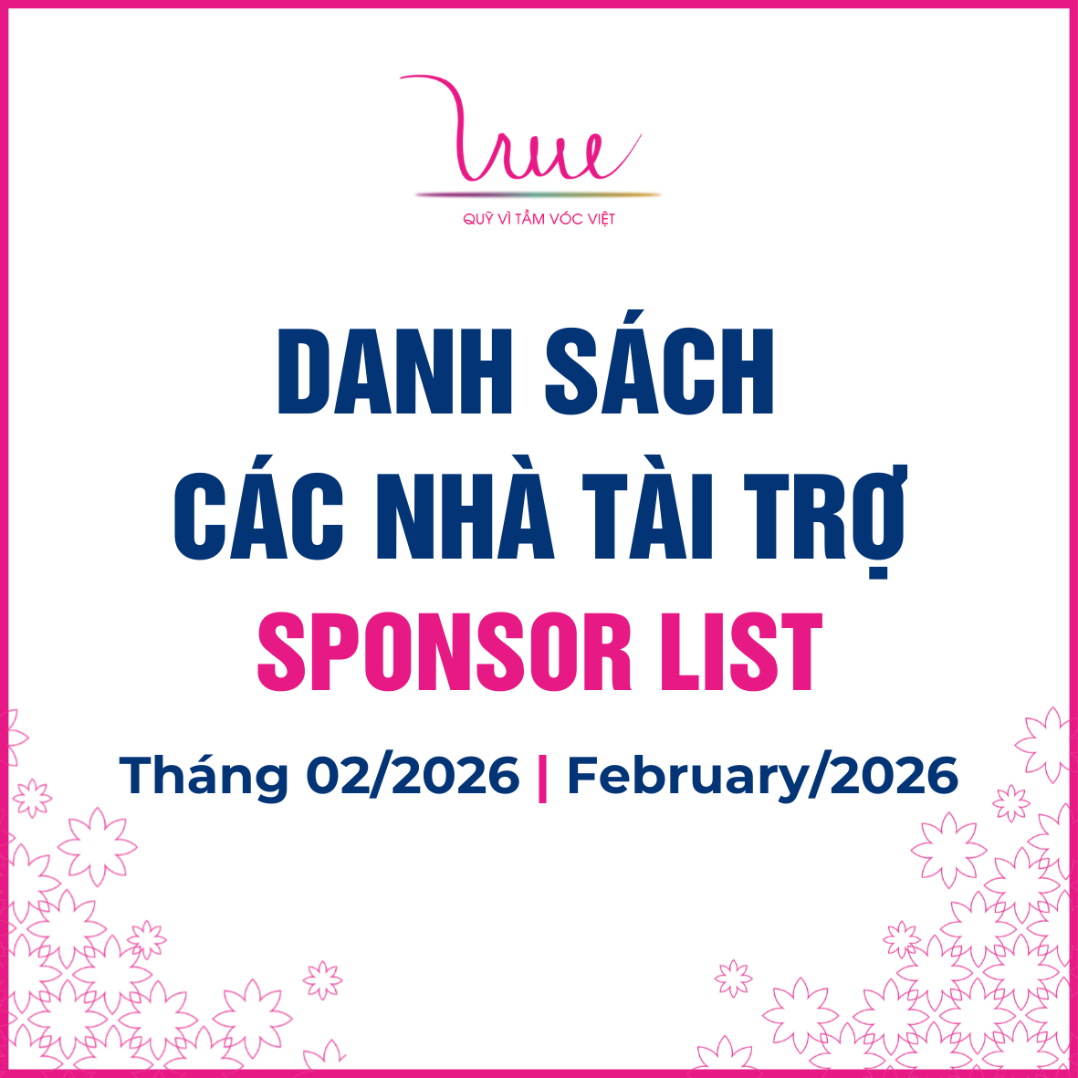 Danh sách các nhà tài trợ tháng 02 năm 2026